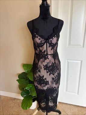 Black Lace Sheer Chemise with Nude Lining - Women Intimates